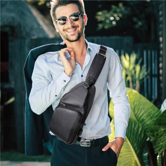 Men Leather Sling Bag Purse Waterproof Crossbody Chest Bag Sling Backpack - Picture 5 of 7
